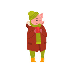 Cute funny pig standing with cup of tea, piggy character dressed in warm bright clothes, Chinese symbol of New Year, design element for Christmas card, calendar, invitation vector Illustration