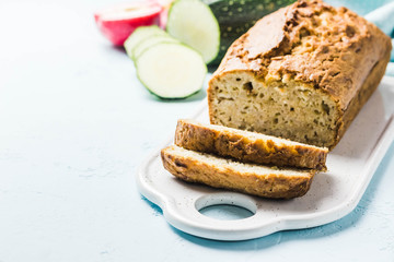 Zucchini apple loaf cake. Selective focus, space for text.