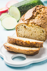 Zucchini apple loaf cake. Selective focus, space for text.
