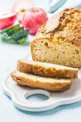 Zucchini apple loaf cake. Selective focus, space for text.