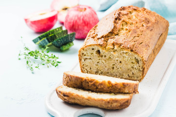 Zucchini apple loaf cake. Selective focus, space for text.