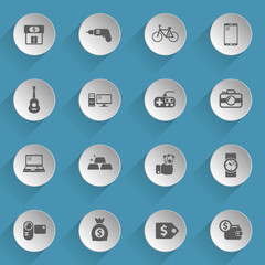 pawn shop web icons on light paper circles