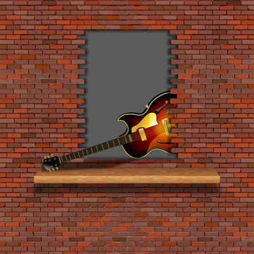 Jazz electric guitar in the failure of the old brick wall. There is an empty space for placing your text or image.