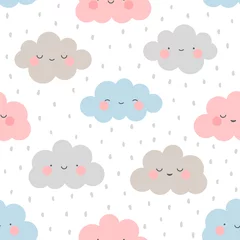 Foto op Canvas Cute Cartoon Face Cloud Seamless Pattern Background with Dot, Vector illustration © Gabriel Onat