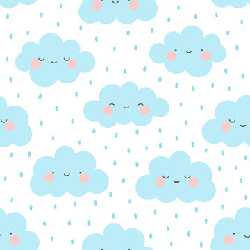 Cute Cartoon Face Cloud Seamless Pattern Background with Dot, Vector illustration © Gabriel Onat