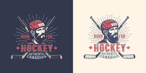 Fototapeta premium Vintage Canadian hockey logo with bearded player and crossed sticks.