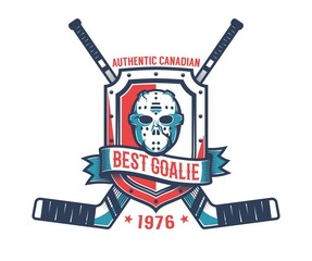 Naklejka premium Retro logo of the hockey goalkeeper - vintage goalie mask, knight's shield and crossed sticks.