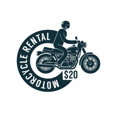 Motorbike rental -  simple logo template with motorcyclist and  ribbon.