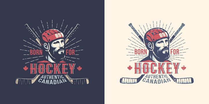 Vintage Canadian hockey logo with  bearded player and crossed sticks.