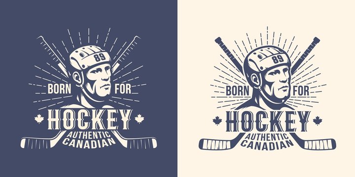 Hockey retro vintage logo with player head and crossed sticks. Versions for light and dark background. Stamp style. 