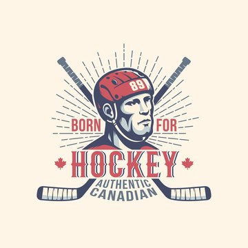 Sports print mascot with hockey player and sticks in vintage style. 