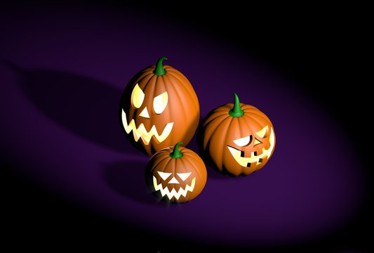 Group of different halloween pumpkins characters on a dark background - realistic 3d illustration