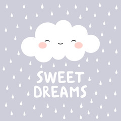 Cute Happy Cloud with Rain Drops, Print or Icon Vector Illustration