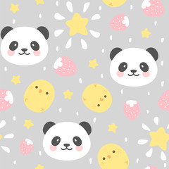 Obraz premium Cute Panda Seamless Pattern with chick and strawberry, Animal Background with stars and heart for Kids, Vector illustration