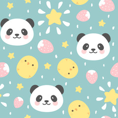 Cute Panda Seamless Pattern with chick and strawberry, Animal Background with stars and heart for Kids, Vector illustration