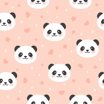 Cute Panda Seamless Pattern with chick and strawberry, Animal Background with stars and heart for Kids, Vector illustration