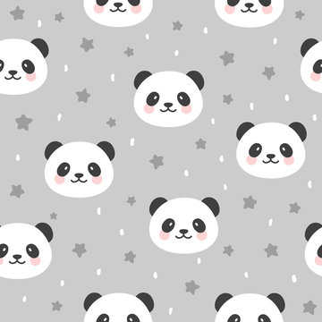 Cute Panda Seamless Pattern, Animal Background with stars and heart for Kids, Vector illustration