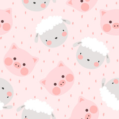 pig and sheep animal seamless pattern, cute cartoon animals background, vector illustration