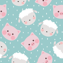 pig and sheep animal seamless pattern, cute cartoon animals background, vector illustration