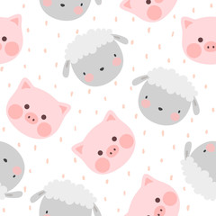 pig and sheep animal seamless pattern, cute cartoon animals background, vector illustration