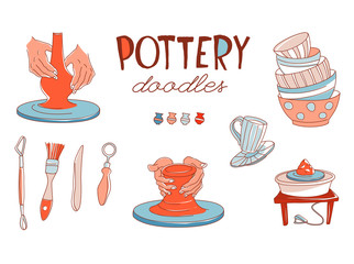 Clay Pottery Workshop Studio icons set. Artisanal Creative Craft concept. Handmade traditional pottery making, hand drawn vector illustration doodle style