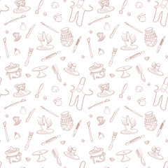 Clay Pottery Studio seamless pattern background. Artisanal Creative Craft concept. Handmade traditional pottery making, hand drawn vector illustration doodle style