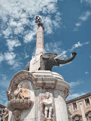 Shot of a statue  of the "Liotru" (the elephant in the Sicilian slang)  the Dome square, the main symbol of Catania. Catania, Sicily