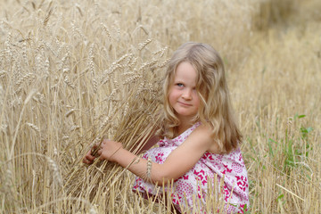 Little blonde girl walking on a wheat field