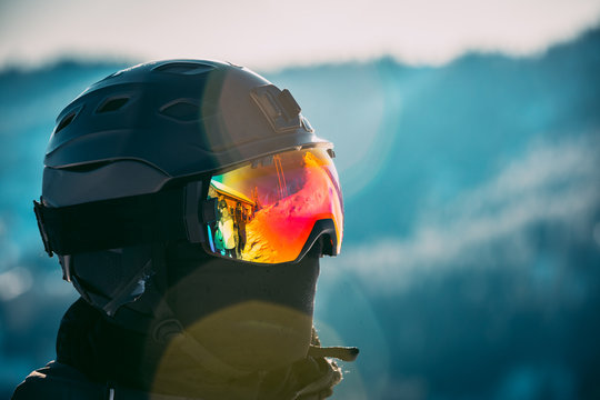 Reflections In A Skiers Goggles At A Mountain Resort