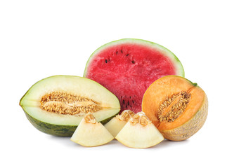 Tasty sliced melons and watermelon on white background