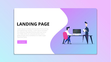 Modern flat vector illustration of people concept, making programmer a web page for a website and interacting with charts. Creative landing page template.