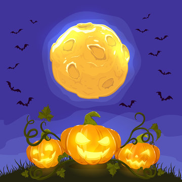 Happy Halloween Pumpkins on Night Background with Moon and Bats