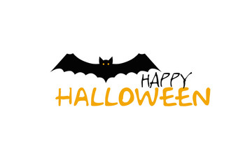 Inscription is Happy Halloween. Silhouette bat. White background. Isolated.