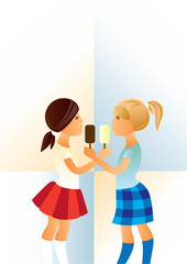 Sharing ice cream / Creative conceptual vector. Girls sharing the ice cream.