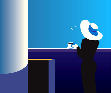 Quiet night / Creative conceptual vector. Woman standing near the balcony with a cup of coffee.
