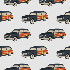 Surf car pattern. Surfing seamless wallpaper. Summer background with old automobile isolated on white background