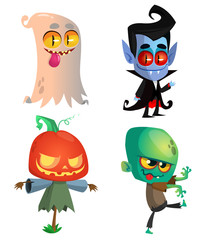 Set of Halloween characters. Vector cartoon ghost, vampire, pumpkin jack o lantern, zombie.  Great for party decoration