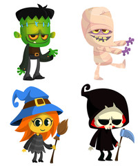 Set of Halloween characters. Vector cartoon zombie, mummy, witch with a broom, grim reaper with scythe.  Great for party decoration