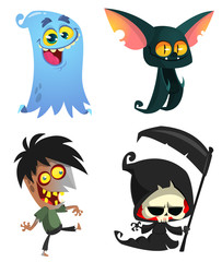 Set of Halloween characters. Vector cartoon zombie,  bat, death grim reaper, ghost.  Great for party decoration