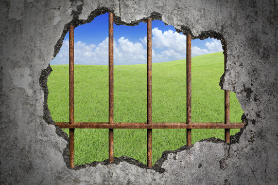 Broken old grunge wall and old prison rusted metal bars with green lawn with cloud and blue sky as background, concept of lack of freedom