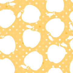 Apple white silhouette on a yellow polka dot. Seamless pattern. Vector illustration.