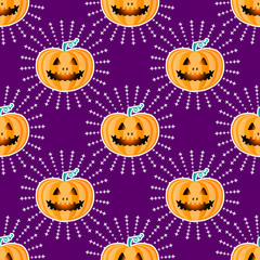 Happy Halloween jackolantern seamless pattern. Jack lantern pumpkin with rays. Vector illustration isolated on purple background.