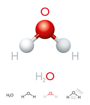 H2O. Water molecule model, chemical formula, ball-and-stick model, geometric structure and structural formula. Polar inorganic compound, tasteless and odorless liquid. Illustration over white. Vector.
