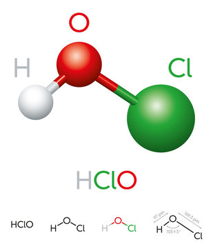 HClO. Hypochlorous acid. Molecule model, chemical formula, ball-and-stick model, geometric structure and structural formula. Weak acid and disinfection agent. Illustration on white background. Vector.