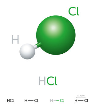 HCl. Hydrogen chloride. Molecule model, chemical formula, ball-and-stick model, geometric structure and structural formula. Hydrogen halide. Hydrochloric acid. Illustration on white background. Vector