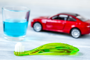 prevention and care children's teeth wooden background top view