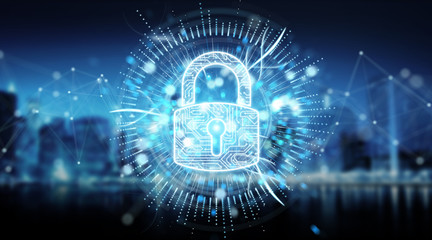 Digital security hologram with padlock 3D rendering