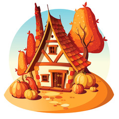 Rustic stone house. Autumn landscape.