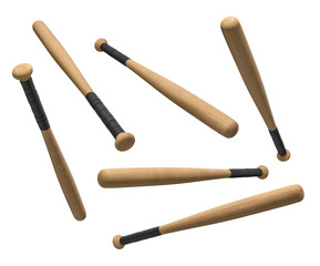 3d rendering of wooden baseball bats with black-wrapped handles hanging on a white background in different angles.