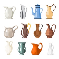 Set of colored vases and jugs in cartoon style on a white background collection of  vessels for vector illustration